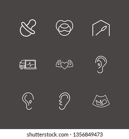 Outline 9 examination icon set. nipple, ear, diagnostic and heart with muscles vector illustration