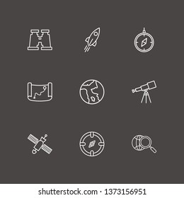Outline 9 exploration icon set. globe search, rocket, satellite and earth vector illustration