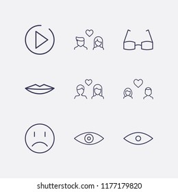 Outline 9 face icon set. lips, glasses, play, lovers, sad smile and eye vector illustration