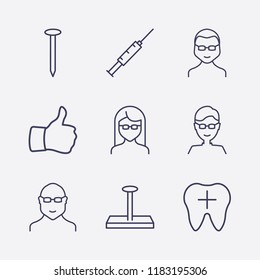 Outline 9 face icon set. tooth, thumb up, glasses man, glasses girl, nail and injection vector illustration