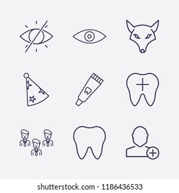 Outline 9 face icon set. carnaval hat, eye, toothpaste tube, tooth, businessman group, forbidden look, add user and fox vector illustration