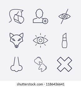 Outline 9 face icon set. hygiene face mask, tooth, add user, dog, forbidden look, lipstick, eye, close and nose vector illustration