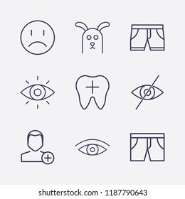 Outline 9 face icon set. add user, dog, eye, short, forbidden look, tooth and sad smile vector illustration