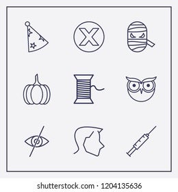 Outline 9 face icon set. close, injection, carnaval hat and head vector illustration