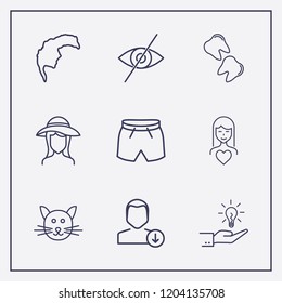 Outline 9 face icon set. tooth, man hair, cat and hand with lamp vector illustration