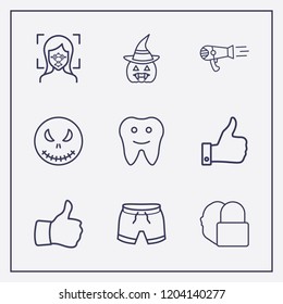 Outline 9 face icon set. halloween pumpkin, tooth, thumb up and hair dryer vector illustration