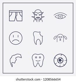 Outline 9 face icon set. dog, halloween vampire, man hair and tooth vector illustration