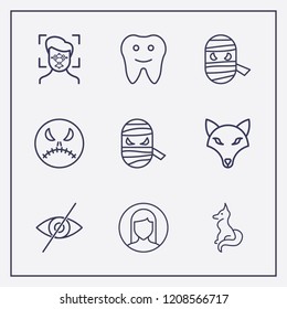 Outline 9 face icon set. forbidden look, halloween sticker, woman user and facial recognition vector illustration