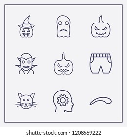 Outline 9 face icon set. halloween pumpkin, halloween ghost, halloween vampire and head with gear vector illustration