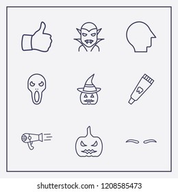 Outline 9 face icon set. toothpaste tube, halloween ghost, halloween vampire and thumb up vector illustration