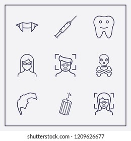 Outline 9 face icon set. facial recognition, glasses girl, tooth and halloween skeleton vector illustration