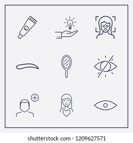 Outline 9 face icon set. woman in love, facial recognition, hand with lamp and forbidden look vector illustration