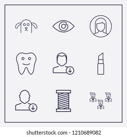 Outline 9 face icon set. tooth, eye, businessman group and dog vector illustration