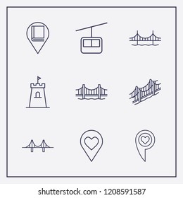 Outline 9 famous icon set. love location, golden gate bridge, library location and funicular vector illustration