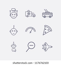 Outline 9 fast icon set. bot, ambulance, pizza, speedometer, trolleybus, chat bot, airplane and zoom out vector illustration