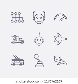 Outline 9 fast icon set. trolleybus, speedometer, ambulance, speed shifter, bot, airplane and plane landing vector illustration