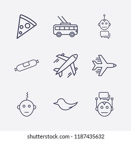 Outline 9 fast icon set. airplane, chat bot, pizza, trolleybus, bird, sausage and bot vector illustration