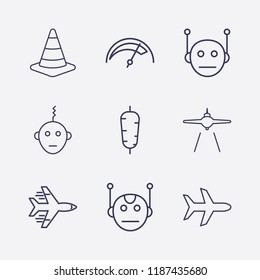 Outline 9 fast icon set. doner food, airplane landing, speedometer, road traffic, airplane and bot vector illustration