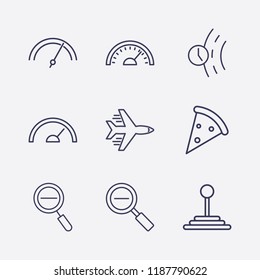 Outline 9 fast icon set. pizza, speed shifter, airplane, speedometer, zoom out and road time vector illustration