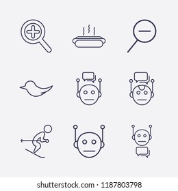 Outline 9 fast icon set. bird, chat bot, zoom, hot dog, bot, zoom out and skiing vector illustration