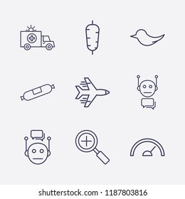 Outline 9 fast icon set. sausage, ambulance, bot, chat bot, speedometer, bird, airplane, zoom and food vector illustration