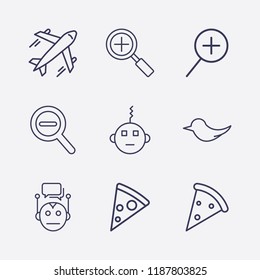 Outline 9 fast icon set. pizza, chat bot, bird, zoom, bot, zoom out and airplane vector illustration