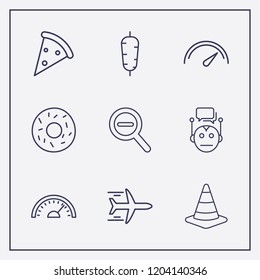 Outline 9 fast icon set. pizza, chat bot, donut and speedometer vector illustration
