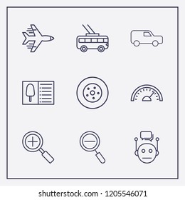 Outline 9 fast icon set. zoom, speedometer, trolleybus and zoom out vector illustration