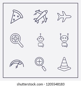 Outline 9 fast icon set. pizza, zoom, airplane and speedometer vector illustration