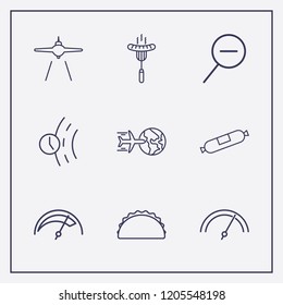 Outline 9 fast icon set. speedometer, airplane landing, sausage and road time vector illustration