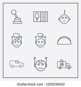 Outline 9 fast icon set. chat bot, van, food menu and bot vector illustration