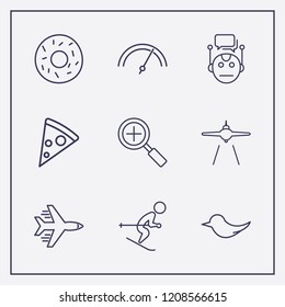 Outline 9 fast icon set. speedometer, donut, airplane landing and skiing vector illustration