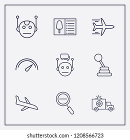 Outline 9 fast icon set. plane landing, airplane, bot and speedometer vector illustration