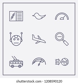 Outline 9 fast icon set. airplane, plane landing, trolleybus and speedometer vector illustration