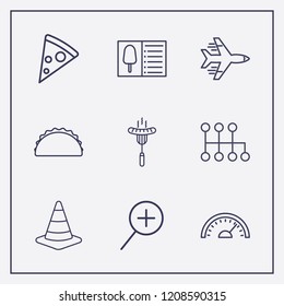 Outline 9 fast icon set. sandwich, speed shifter, airplane and pizza vector illustration