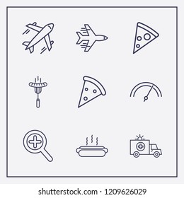 Outline 9 fast icon set. pizza, zoom, ambulance and sausage vector illustration