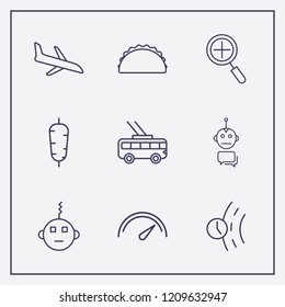 Outline 9 fast icon set. zoom, sandwich, speedometer and plane landing vector illustration