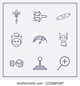 Outline 9 fast icon set. speed shifter, sausage, airplane and zoom vector illustration