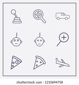 Outline 9 fast icon set. plane landing, van, zoom and bot vector illustration