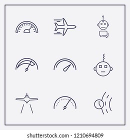 Outline 9 fast icon set. airplane, road time, chat bot and speedometer vector illustration