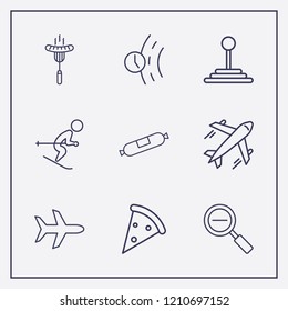 Outline 9 fast icon set. skiing, sausage, speed shifter and pizza vector illustration