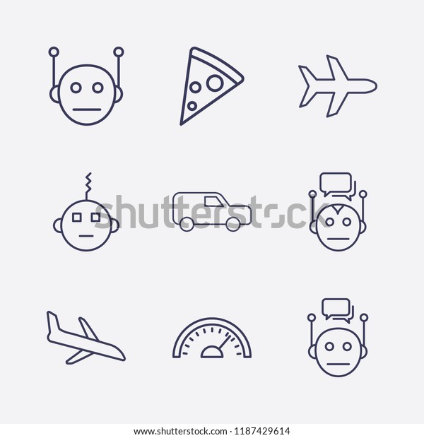 Outline 9 fast\
icon set. bot, van, airplane, plane landing, speedometer, chat bot\
and pizza vector\
illustration