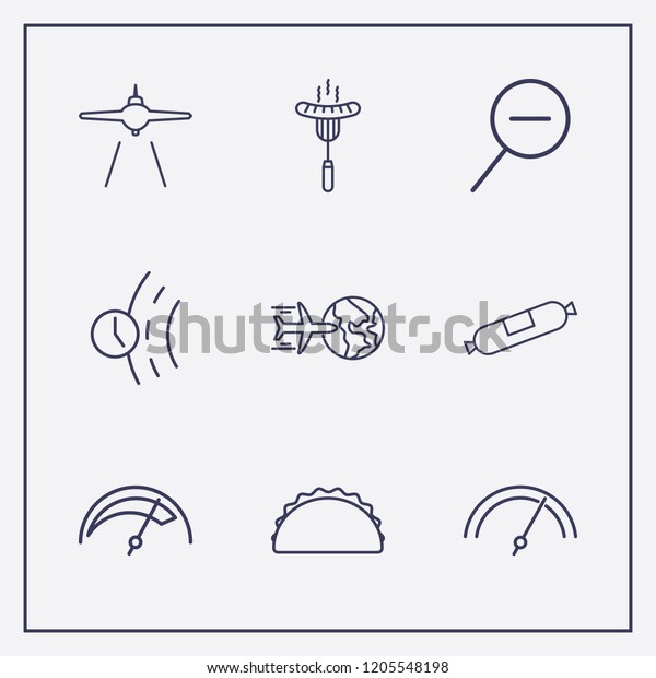 Outline 9 fast icon set.\
speedometer, airplane landing, sausage and road time vector\
illustration