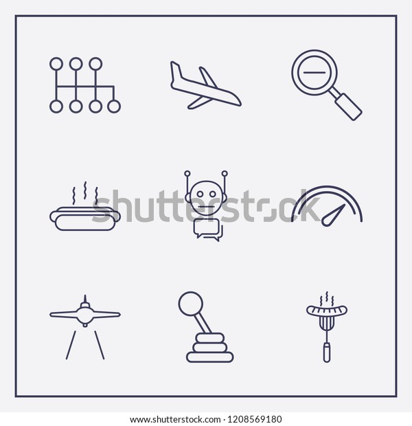 Outline 9 fast icon set.\
airplane landing, bot, speed shifter and speedometer vector\
illustration