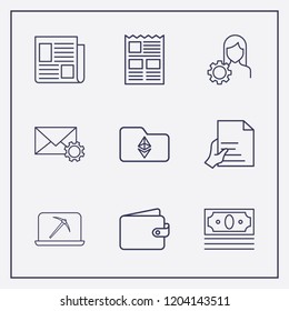 Outline 9 finance icon set. account settings, online mining, money and newspaper vector illustration