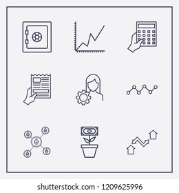 Outline 9 finance icon set. exchange home, analytics, safe and account settings vector illustration