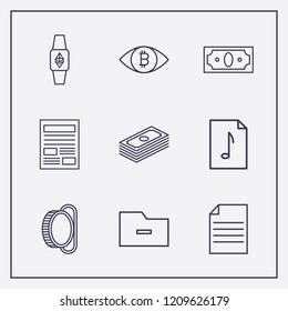 Outline 9 finance icon set. eye with bitcoin, remove folder, document and newspaper vector illustration