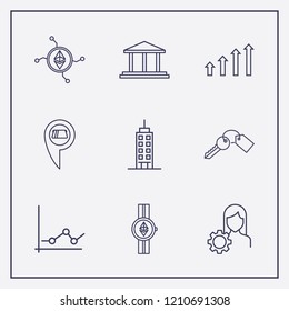 Outline 9 finance icon set. ethereum network, ethereum with watch, chart and bank vector illustration