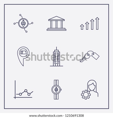 Outline 9 finance icon set. ethereum network, ethereum with watch, chart and bank vector illustration