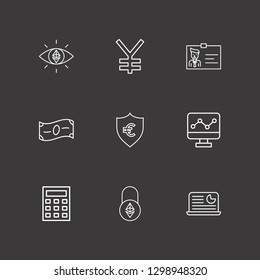 Outline 9 financial icon set. calculator, monitor with chart, money and businessman shield vector illustration